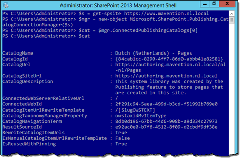 PowerShell console with sample catalog connection information entry displayed