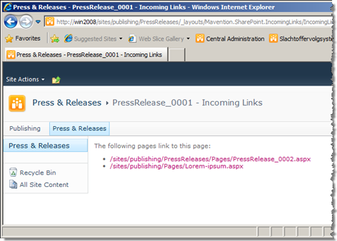 Both incoming links for the Press Release 0001 page displayed correctly by the Mavention Incoming Links report