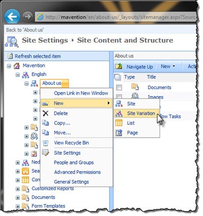 The ‘New Site Variation’ option highlighted in the Manage Content and Structure tool