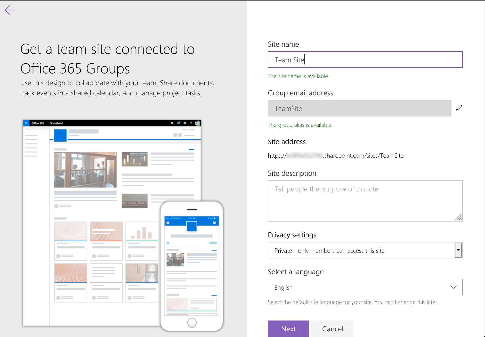Creating modern Team Site in Office 365