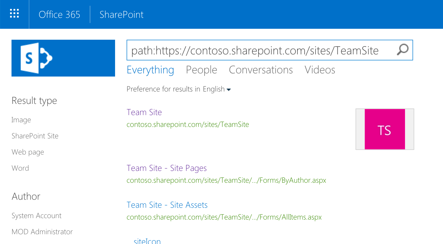 Information from the modern Team Site returned in SharePoint search results