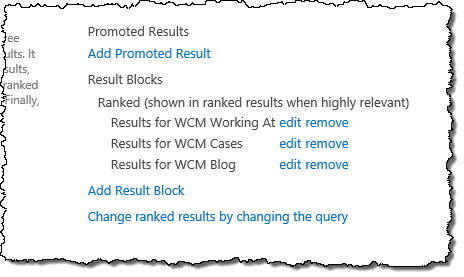 Result blocks for the Query Rules targeting visitors with interest in technology and WCM