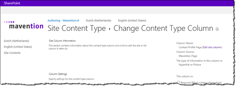 Configuration of the Contact Profile Page column in SharePoint 2013