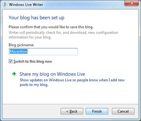 Finalizing blog configuration in Windows Live Writer
