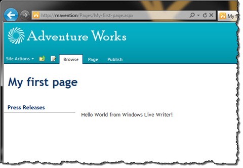 Publishing page created using Windows Live Writer displayed in SharePoint 2010