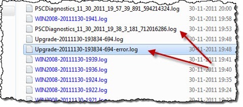 The upgrade error log file highlighted in Windows Explorer