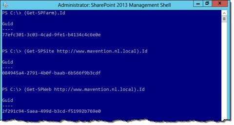 IDs of the Farm, Site Collection and Web retrieved using PowerShell