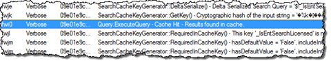 ULS log entry stating that the search result has been retrieved from cache
