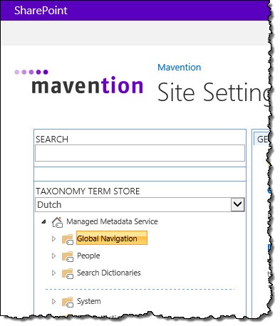 The ‘Global Navigation’ Global Term Group highlighted in the Term store management tool in SharePoint 2013