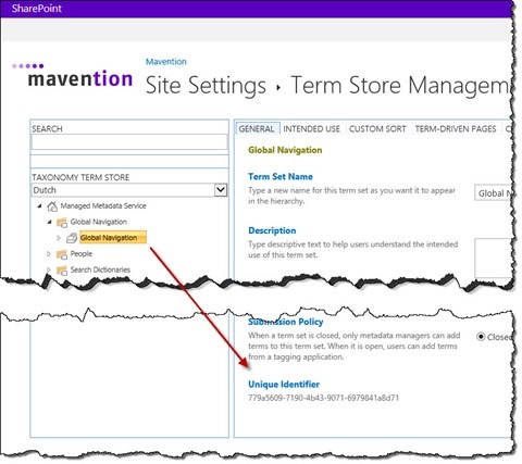 The ID of the ‘Global Navigation’ Term Set highlighted in the Term store management tool in SharePoint 2013