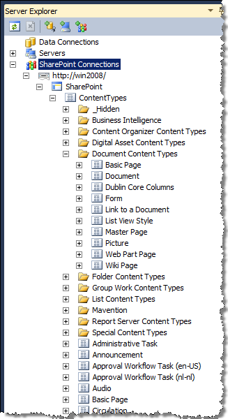 Grouped view of Site Content Types in the Visual Studio Server Explorer