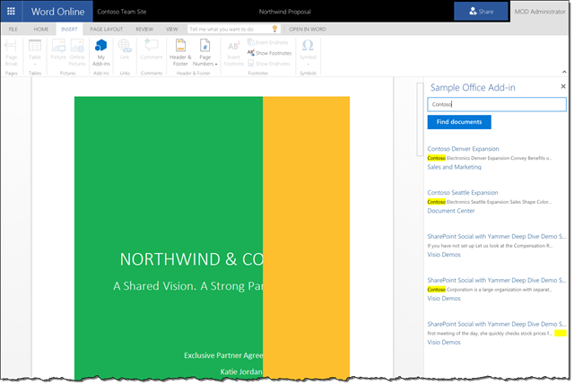 Task Pane Add-in allowing to search for documents in SharePoint Online from within Word Online