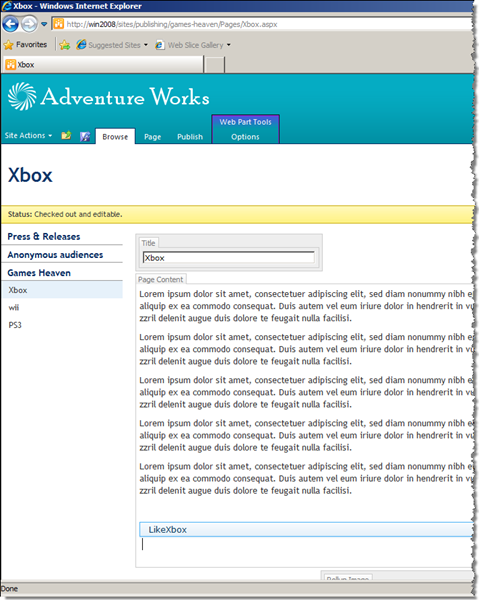 The Write Web Part on the Xbox page in Edit Mode