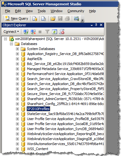 SQL Server Management Studio showing a list of databases among which the newly created SP2010Profiles database