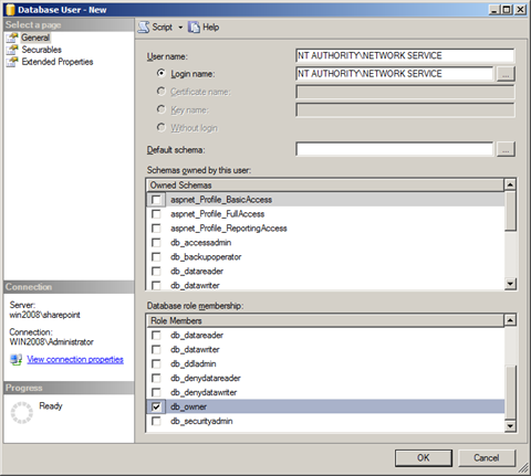 Configuring user permissions on a database in SQL Server Management Studio