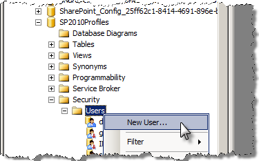 The New User menu option highlighted in SQL Server Management Studio