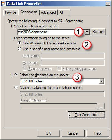 Data Link Properties window with the server name section marked as 1, log on information marked as 2 and database name marked as 3