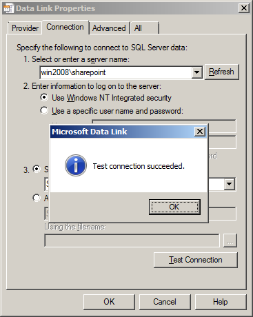 Dialog window saying that the connection to the database succeeded