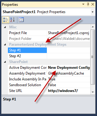 Two custom properties are being displayed in the Properties Window, one for every Parameterized Deployment Step added to the Deployment Configuration