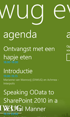 DIWUG event WP7 app showing the agenda of the upcoming DIWUG event