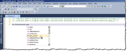 Intellisense options visible for the SharePoint 2010 JSOM in a .js file.