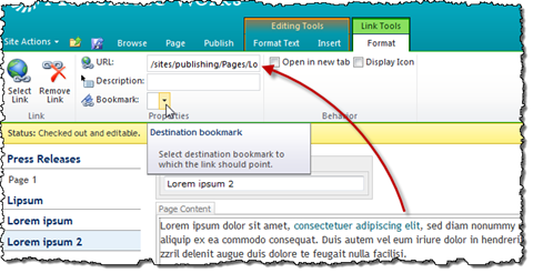 Bookmark choice list highlighted in the Link Properties on the Ribbon. A red arrow points from the hyperlink in the Rich Text Editor to the URL field in Link Properties.