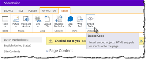 The ‘Embed Code’ option highlighted in the Ribbon in SharePoint 2013