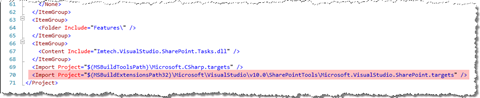 Microsoft.VisualStudio.SharePoint.targets file highlighted in the project file