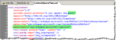 Including the msxsl namespace in the ContentQueryMain.xsl namespace