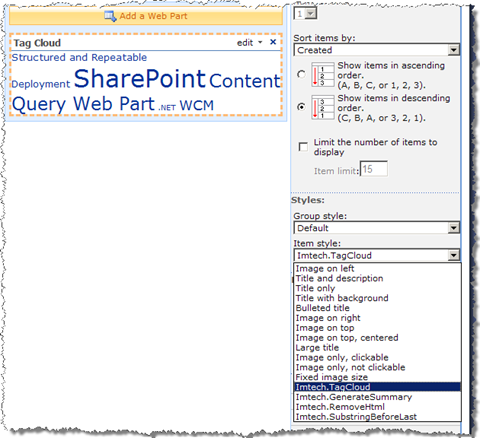 Choosing the Imtech.TagCloud template in the Content Query Web Part presentation settings