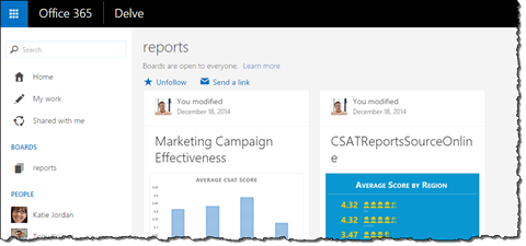 Reports board displayed in Office Delve