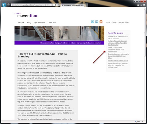 Mavention.nl blog post page with an arrow pointing to the overview of the most recent posts on the sidebar.
