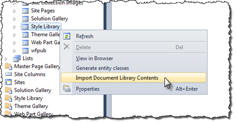 The ‘Import Document Library Contents’ menu option highlighted in the context menu of a Document Library in the Server Explorer