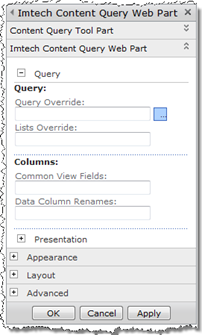 Query section of the settings of Imtech Content Query Web Part
