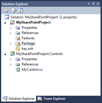 Solution with two projects: MySharePointProject SharePoint Project and MySharePointProject.Controls Class Library project with some controls in it