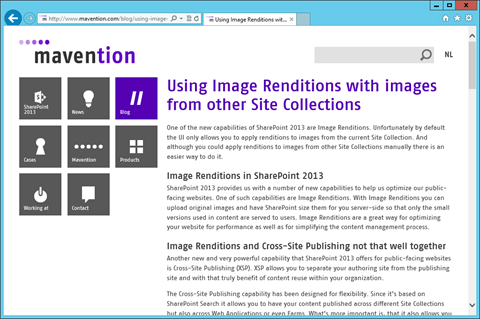 Blog post published using the SharePoint 2013 cross-site publishing capability on the mavention.com website