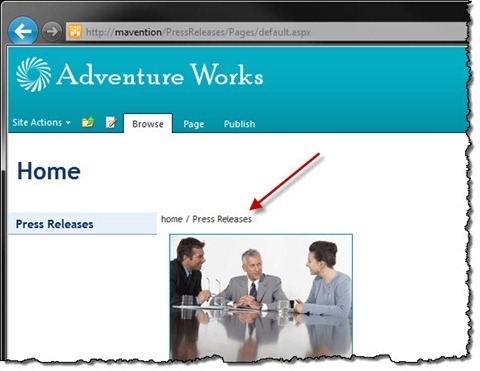 Breadcrumbs displayed on a Publishing Page in SharePoint 2010