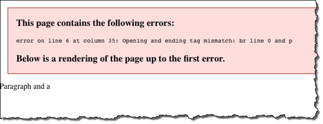 Error message rendered for an XML document with an error