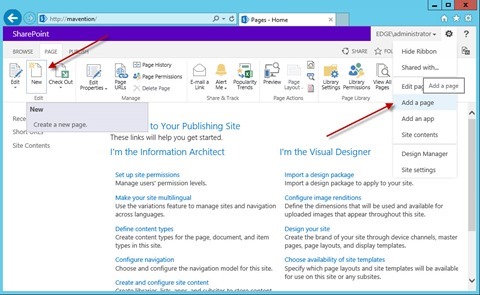 Options for creating Publishing Pages highlighted in the SharePoint 2013 interface