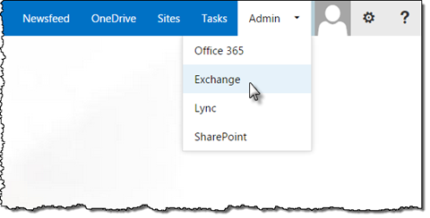 The ‘Exchange’ option highlighted in the Admin menu in Office 365