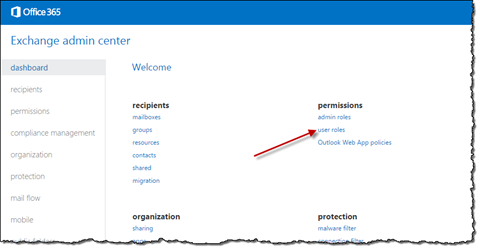 The ‘user roles’ link highlighted in Exchange admin center