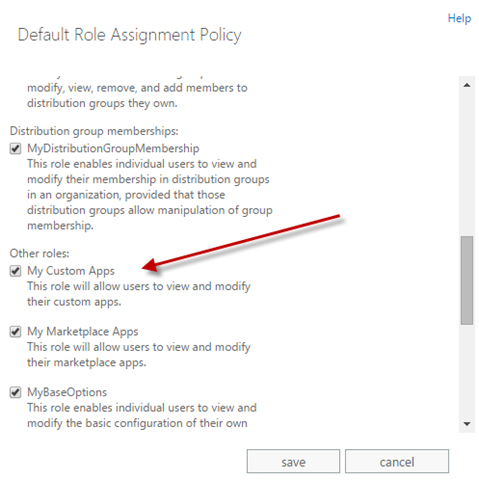 The ‘My Custom Apps’ permission highlighted in the Role Assignment Policy window