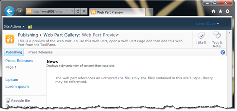 Exception while previewing a Content Query Web Part using an XSLT file from the Layouts directory