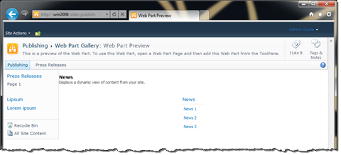 Preview of a Content Query Web Part using a custom XSLT file showing titles of three news items
