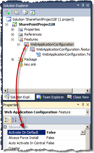 Activate On Default Feature setting set to False and highlighted in Visual Studio 2010