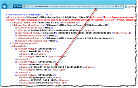 Arrow pointing between source ID parameter in the URL in the browser address bar and the source ID in the search results