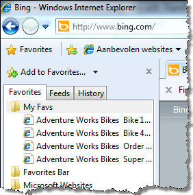 Screenshot of favorites in Internet Explorer. Because the title of every favorite begins with 'Adventure Works Bikes' it is difficult to find the right favorite.