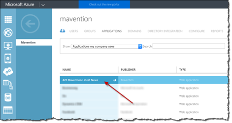 Red arrow pointing to the application entry associated with the Azure API App