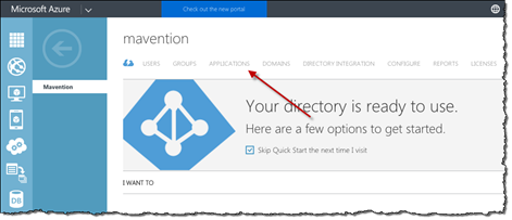 Red arrow pointing to the Application option in the old Azure Management Portal