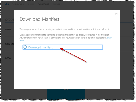 Red arrow pointing to the 'Download manifest' link in the 'Download Manifest' dialog